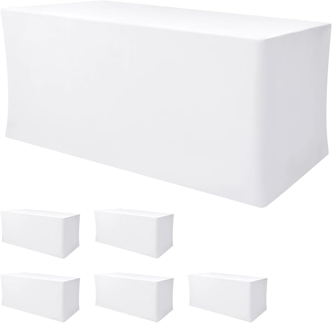 Nasitos White Fitted Table Covers for 6 Foot Tables - 72 x 30 Inch - 6 Pack Stretch Spandex Rectangle Table Clothes, Polyester Fabric Tablecloths for Parties, Trade Show, Craft Show, Birthday