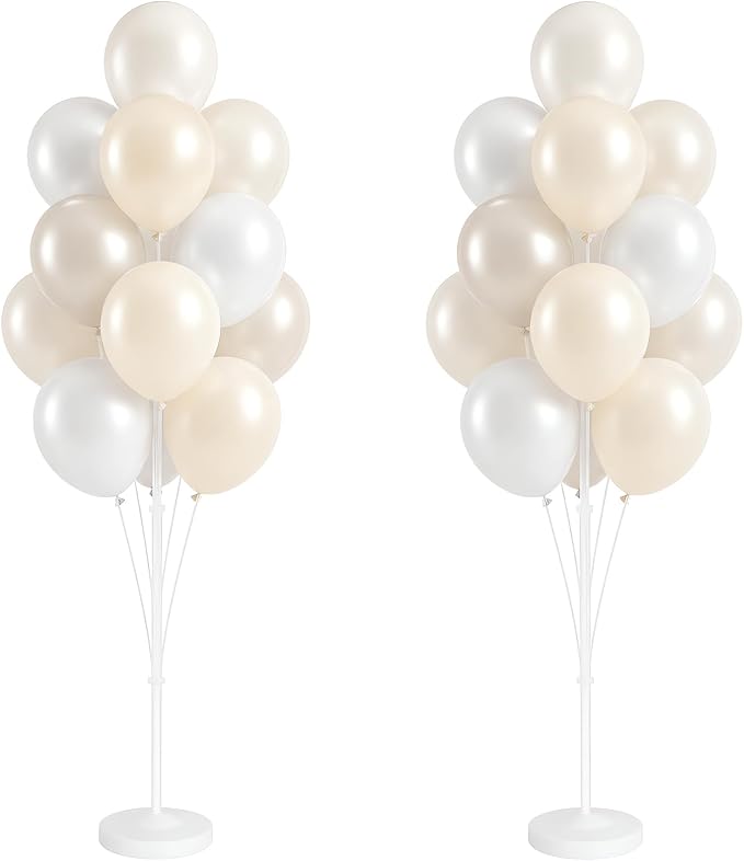 Balloon Column Stand Kit,2 Sets of Assorted Rainbow Balloon Tower Pillar with 10inch Bright Color baloon Reusable Design for Grirls Party,Birthday, Wedding,Baby Shower (Pearl Ivory White)
