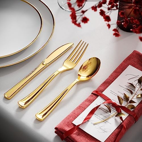 Exquisite Gold Plastic Tea Spoons Heavy Duty 160 Pieces Gold Plastic Silverware Heavy Duty Disposable Silverware Set, Disposable Tea Spoons Eating Utensils Sets Flatware Set For Parties & Events
