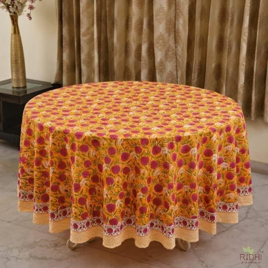 Ridhi Round Tablecloth Hand Block Print 100% Cotton Reusable Bubblegum Pink 132 Inch Table Cover Decorative Everyday Use for Dining, Home, Party, Wedding, Farmhouse Gift for Spring, Mother's Day