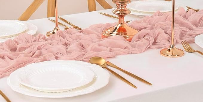 MDS Pack of 25 Cheesecloth Table Runner 35x170 Inch, 14FT Long Gauze Cheese Cloth Table Runner for Wedding Party Birthday Bridal Shower Farmhouse Garden Boho Rustic Table Decoration - Blush Pink