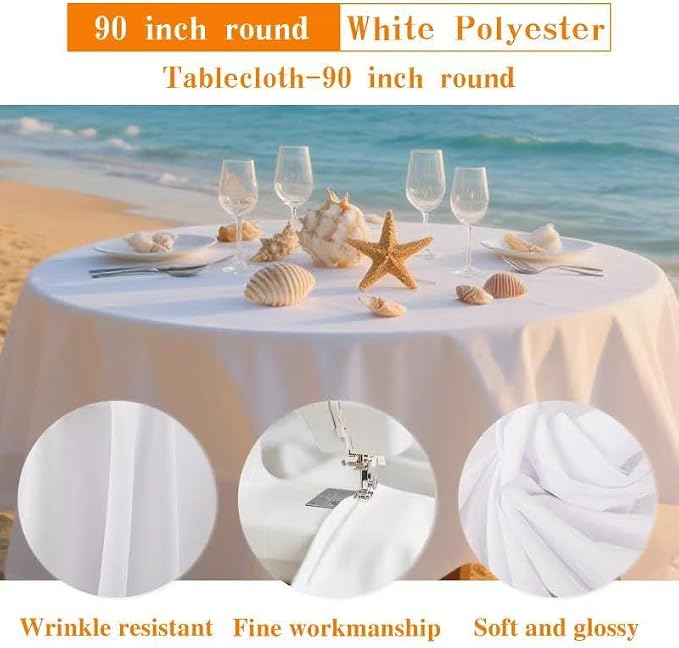 WIGENIUS 6 Pack White Table Cloth Round 90 Inch Polyester Tablecloths, Wrinkle Resisitant Tablecloth for Wedding Buffet Parties and Dining (White, 90 inches Round)