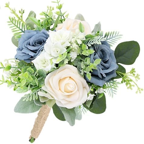 7 Inch Bridesmaid Bouquet Flowers - Artificial Bouquet for Bridesmaid Wedding Rustic Small Floral Centerpiece for Marriage Proposal Party Anniversary Dining Table Decor - Green & Dusty Blue