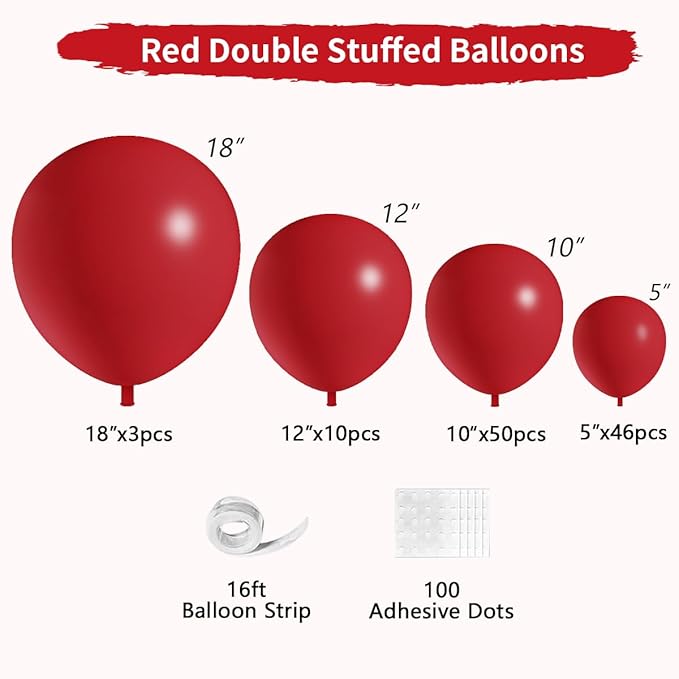 Double Stuffed Red Balloons Different Size 115Pcs 5/10/12/18 Inch Rudy Red Balloon Garland Arch kit for Birthday Wedding Baby Shower Christmas Party Decorations