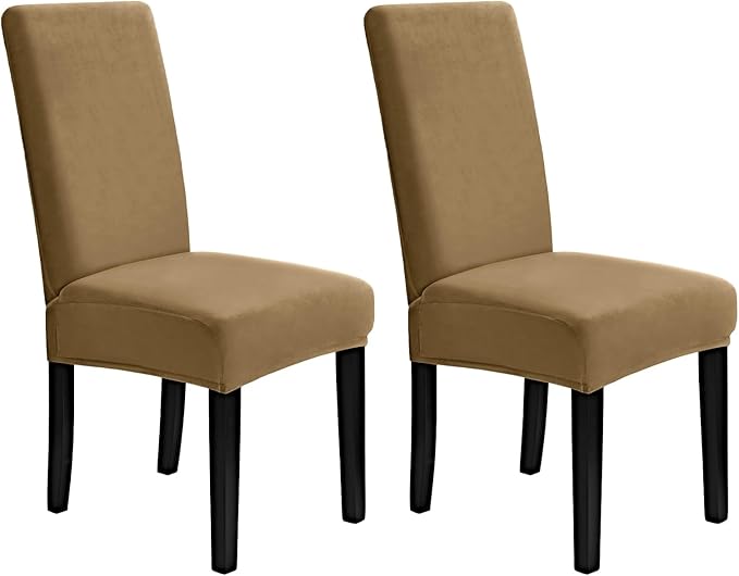 MOSAYT Velvet Stretch Chair Covers for Dining Room Set of 2 - Soft Slipcovers with Thick Removable Fabric for Parsons Chairs, Washable Seat Protectors for Kitchen, Banquet & Home Decor, Camel