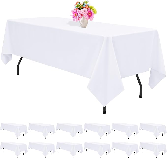 12 Pack White Tablecloth 60 x102 inch Table Cloth for 6 Foot Rectangle Tables, Polyester Rectangle Tablecloth Bulk Linen Washable Fabric Table Cover for Wedding Party Banquet Restaurant Buffet Picnic