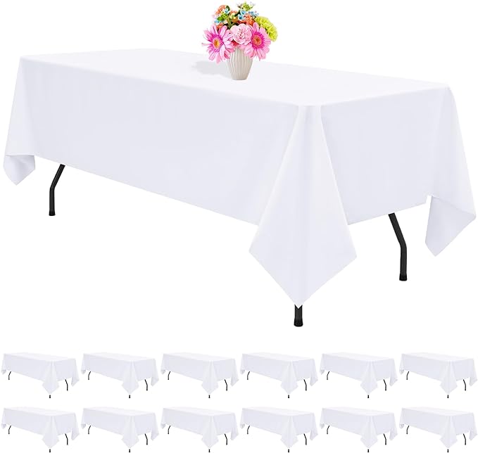 12 Pack White Tablecloths for Rectangle Tables 60 x 126 Inch White Polyester Tablecloth 8 Foot Rectangle Table Cloth Wrinkle Resistant Washable Fabric Table Cover for Party Wedding Banquet Events