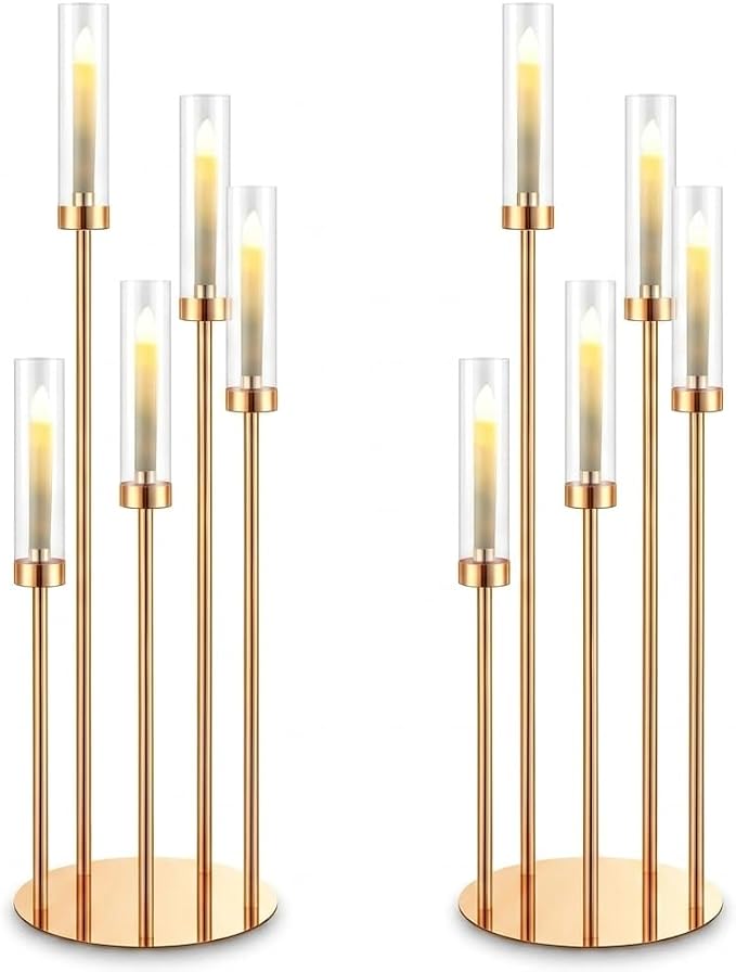 2pcs 42.5in Gold Floor Candelabra 5 Arm Gold Candelabra with Glass Shades Candle Holders,Elegant Metal Candlestick Stand for Perfect for Wedding Dining Room Living Room Event Decor