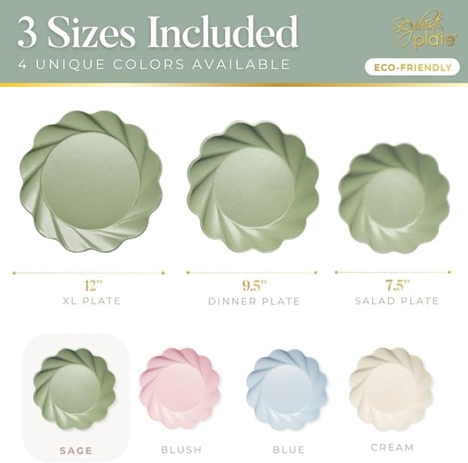 Eco-Friendly Compostable Party Plates - 24 Piece Set in 3 sizes. 8 XL Plates, 8 Dinner Plates, 8 Salad Plates- Made Of Bamboo Wood Fiber, and Sugarcane- Sturdy, Heavy Duty & Stunning - Sage