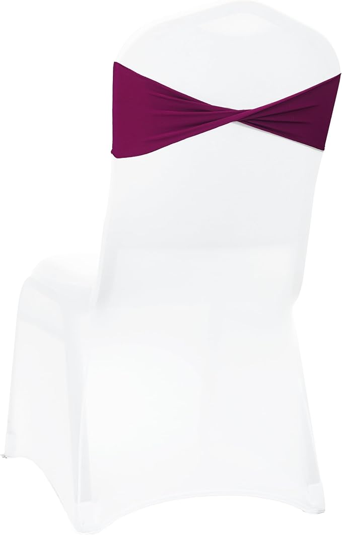 MDS Pack of 200 Spandex Chair Sashes Bows Elastic Stretch Dining Chair Bands Ties Without Slider Buckle Universal fits for Wedding Baby Shower Birthday Party Banquet Event Decoration - Eggplant