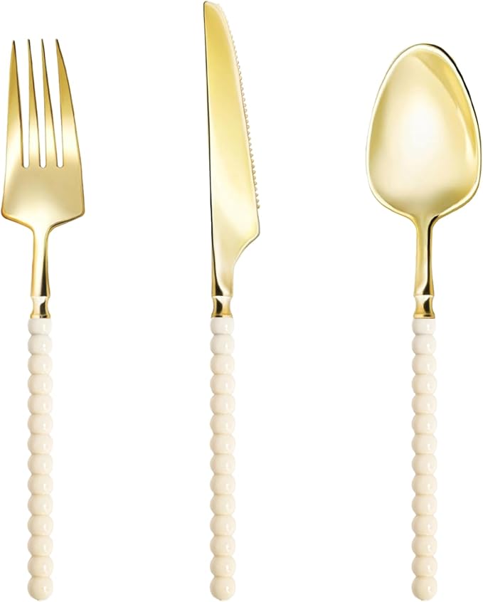 150 Pcs Gold Plastic Silverware,Gold Plastic Utensils with Ivory Beads Handle,Fancy Disposable Cutlery Set Include 50 Forks 50 Knives 50 Spoons for Party & Wedding