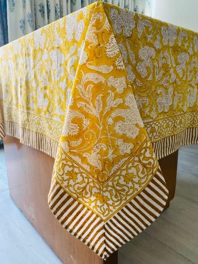 Ridhi Saffron Yellow Hand Block Print Cotton Rectangle Tablecloth 190" x 72" inches Reusable Table Cover Decorative Everyday Use for Dining Room, Farmhouse, Home Gift for Spring, Mother's Day
