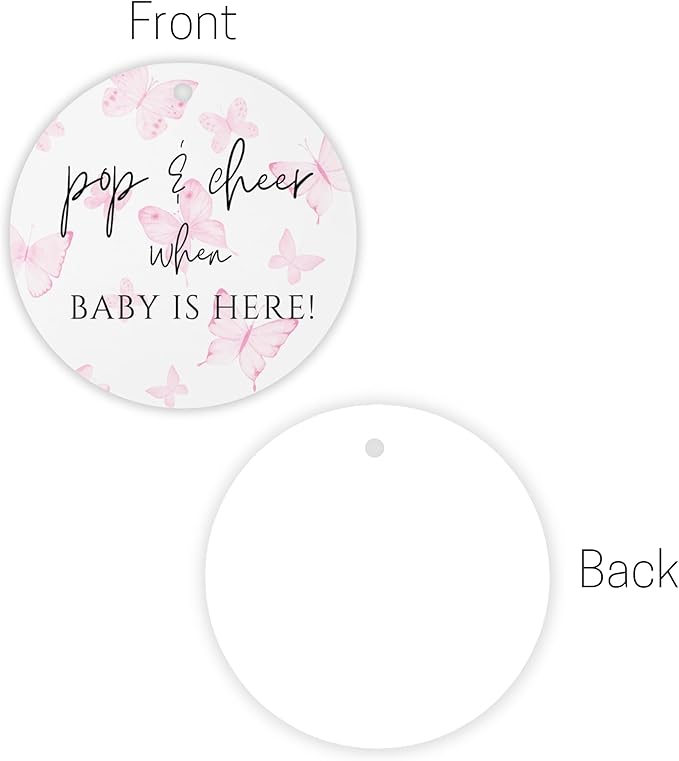 Pop and Cheer When Baby is Here Butterly Hang Tag | 30pk 2.5” Circle Butterflies Floral Cards Stickers Modern Minimalist Champagne Tags Baby Shower Party Favors Ribbon