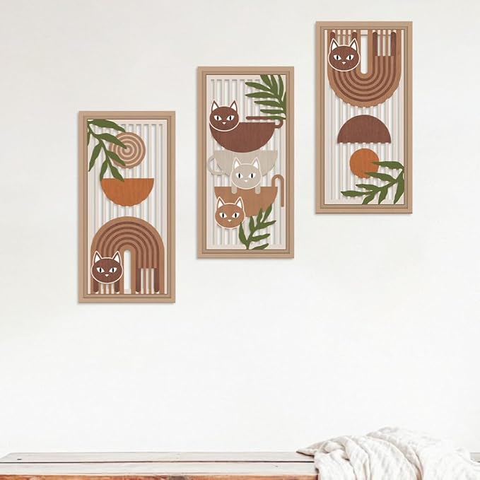 IARTTOP 3 Pcs Boho Cat Wood Wall Decor Mid Century Abstract Artwork Modern Minimalist Wooden Wall Art Bohemian Geometric Hanging Decor for Farmhouse Living Room Bedroom 7.9 x15.8 Inch Cat Gifts