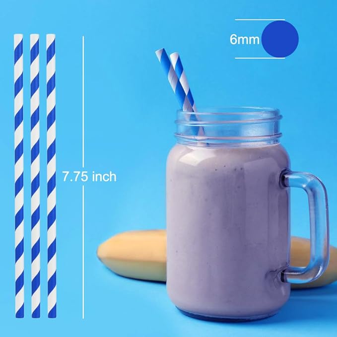 ALINK 100 Royal Blue and White Striped Paper Straws, Biodegradable Disposable Drinking Straws for Christmas, Brithday, New Year, Party Decoration Supplies