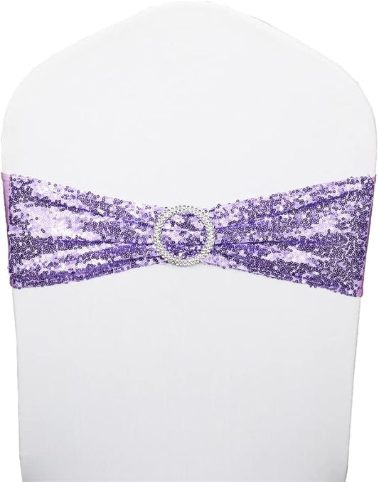 Sequin Chair Sashes Spandex, Pack of 20 Sequin Stretch with Buckle Chair Bands for Wedding Banquet Birthday Graduation Party Anniversary Prom Celebration Chair Decorations (Lavender, 20pcs)