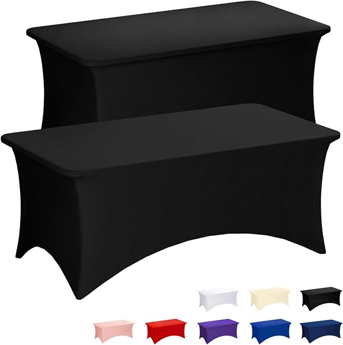 Fixwal Black Tablecloths for 8 Foot Rectangle Tables, 2 Pack Spandex Stretch Fitted Table Covers for Party, Trade Show, Banquet, Wedding, Buffet