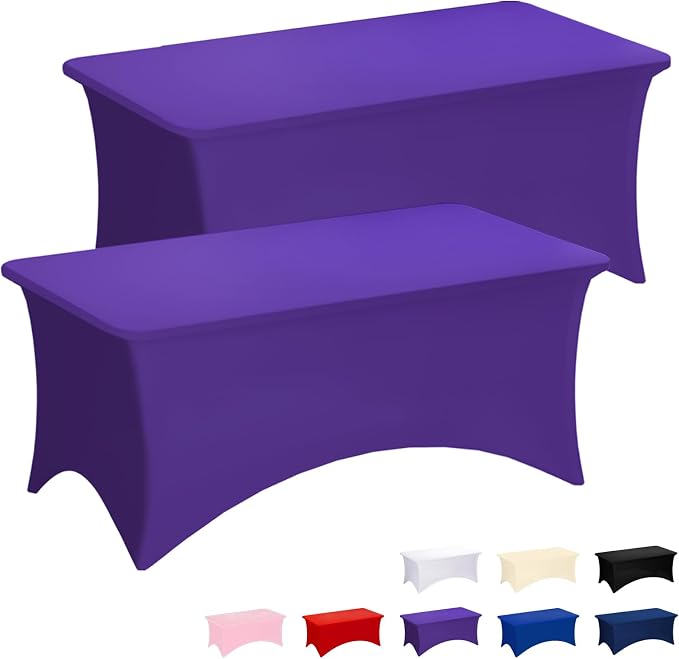 Fixwal Purple Tablecloths for 8 Foot Rectangle Tables, 2 Pack Spandex Stretch Fitted Table Covers for Party, Trade Show, Banquet, Wedding, Buffet
