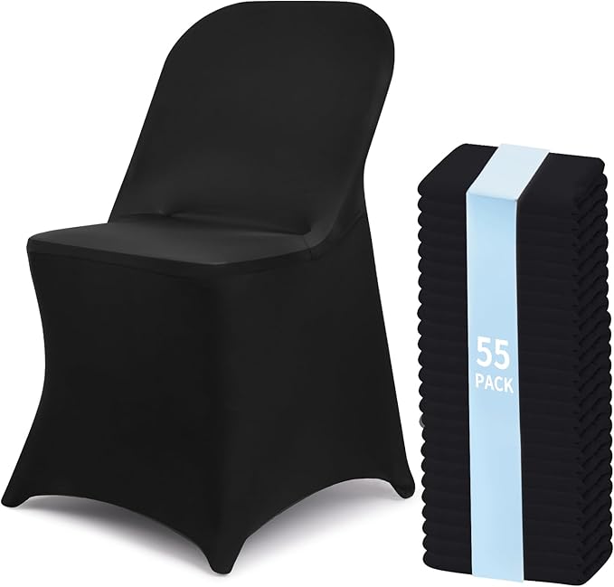 Fixwal 55 Pcs Black Folding Chair Cover, Spandex Stretch Covers Ideal for Wedding, Party, Dining, Business Meeting, Banquet, Universal Fitted Washable Slipcover