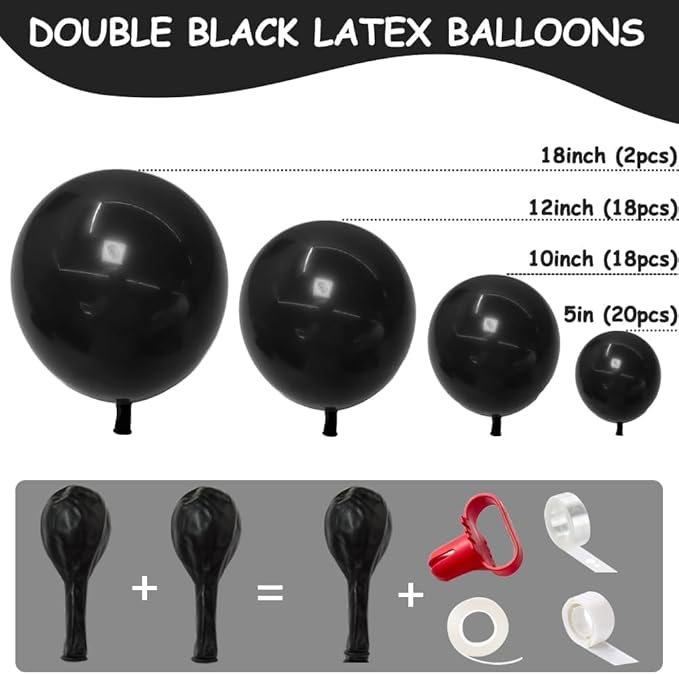 Black Balloon Arch Garland Kit Double Stuffed Matte Black Balloons Different Sizes Latex Premium 18 12 10 5 Inch Balloons for Birthday Graduation Wedding Anniversary Baby Shower Retirement Party Decor