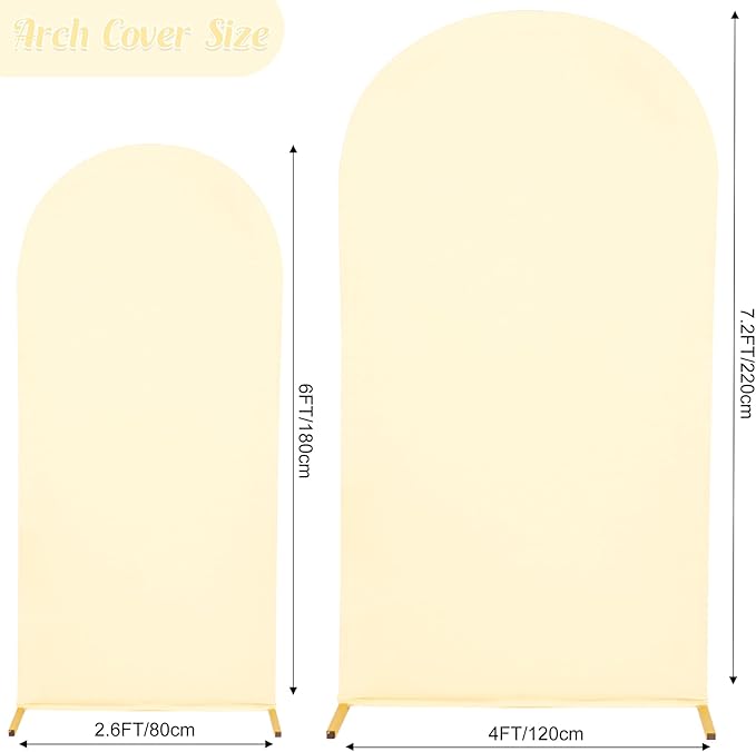 Set of 2 Wedding Arch Cover 2-Sided Round Top Spandex Fitted Arch Backdrop Cover for Birthday Party Baby Shower Wedding Arch Stand Decor（7.2FT, 6FT, Beige）