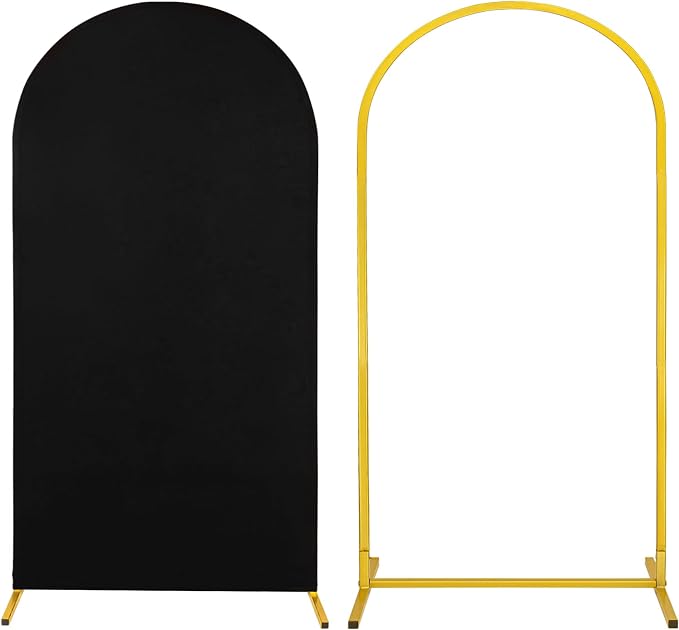 Metal Arch Stand and Cover Set,1 Black Spandex Fitted Backdrop with 1 Gold Wedding Arched Stand Frame for Parties Birthday Baby Shower Bridal Banquet Decoration (6.6FT)