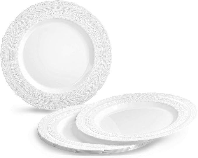 OCCASIONS 120 Guests Heavy Duty Disposable Plastic Plates Set – 240 Piece Premium Reusable Dinner & Salad Plates, Elegant Fancy Party Plates for Weddings, Events, Parties – Chateau White Collection