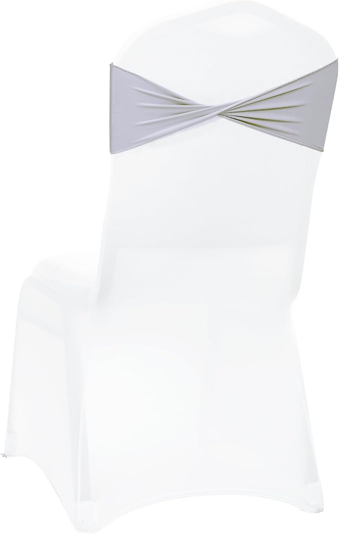 MDS Pack of 100 Spandex Chair Sashes Bows Elastic Stretch Dining Chair Bands Ties Without Slider Buckle Universal fits for Wedding Baby Shower Birthday Party Banquet Event Decoration - Light Silver