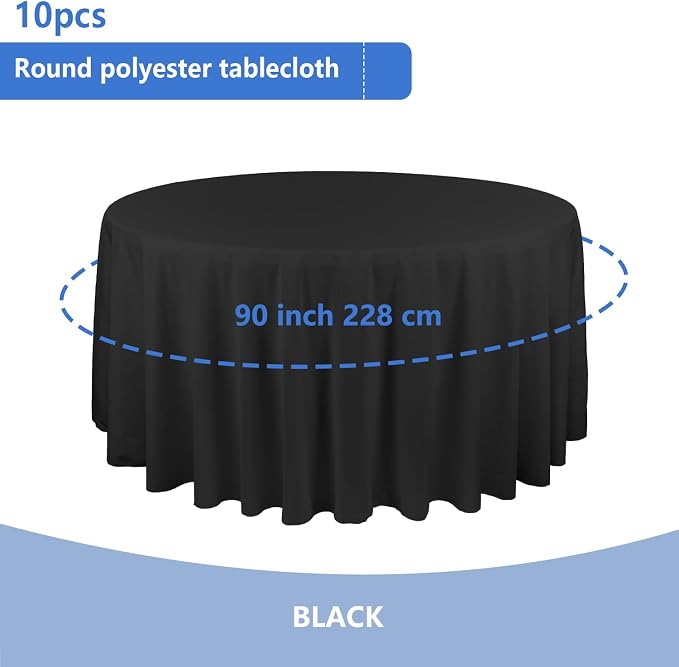 10 Pack Black Tablecloths - Round & Rectangle, 90 Inch, Polyester, Washable, Perfect for Wedding Party