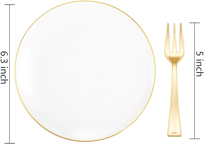 Festiva 200Pcs Gold Dessert Plates 6.3" with Forks 5"- Small Disposable Dessert/Appetize/Cake Plates Plates- serve 100 guests include 100Plates 100Forks for Wedding &Birthday Party & Outdoor