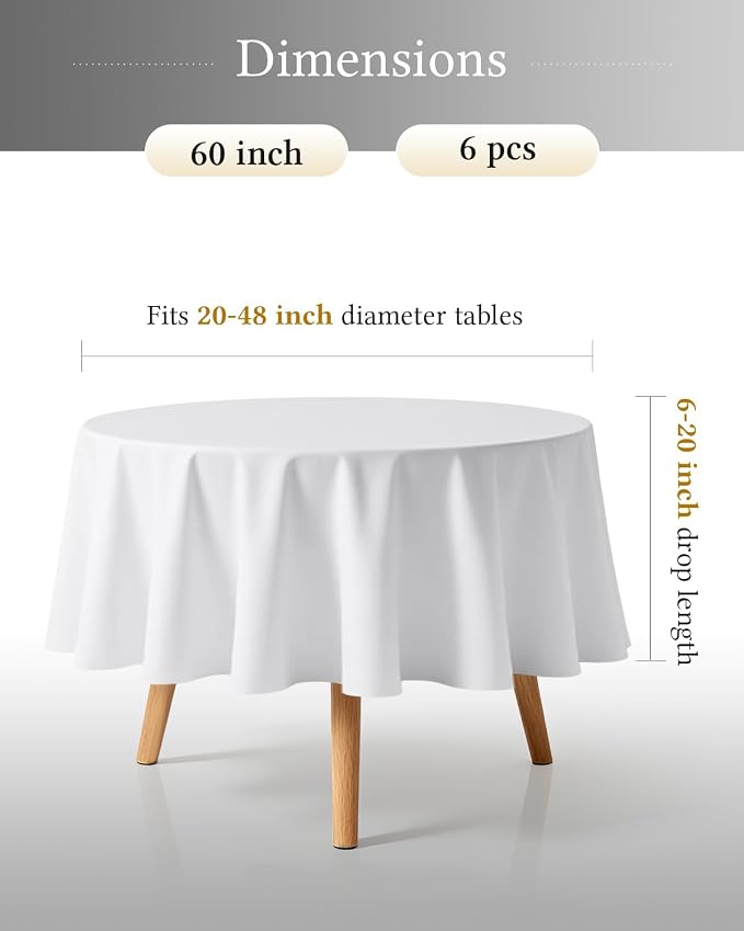 BESTVIP 6 Pack 60 Inch White Washable Round Polyester Fabric Tablecloths| Fits 20"-48" Tables |Decorative Table Cover for Wedding Party Dining Banquet, Events, Holiday, Restaurant