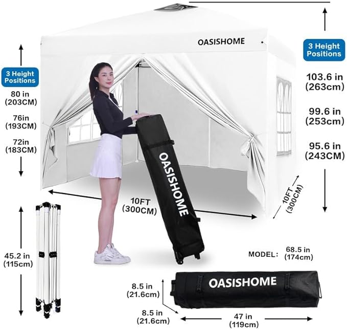 OASISHOME Pop-up Gazebo Instant Portable Canopy Tent 10'x10', with 4 Sidewalls, Windows, Wheeled Bag, for Patio/Outdoor/Wedding Parties and Events (10FTx10FT, White)