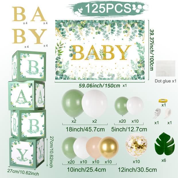 DataMoon Sage Green Baby Shower Decorations 125PCS Green Balloon Arch Kit, Balloon Boxes, Backdrop for Woodland Jungle Theme Baby Shower Decor Gender Reveal Birthday Party Supplies