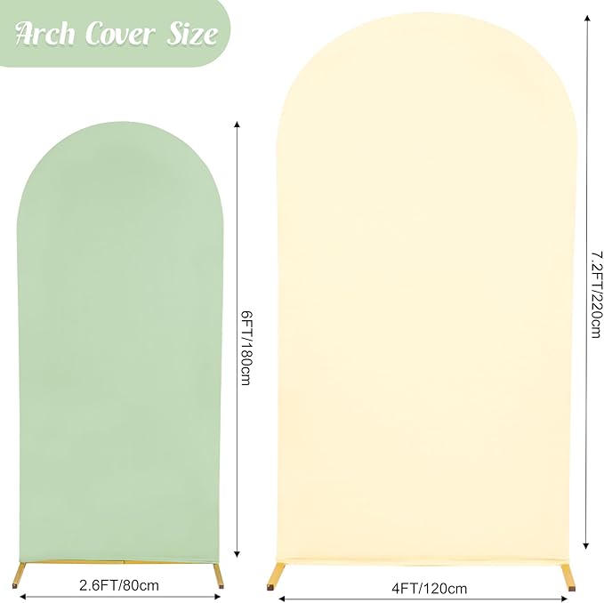 Set of 2 Spandex Fitted Arch Backdrop Cover Wedding Arch Cover Round Top Chiara Arch Backdrop Stand Covers for Birthday Party Baby Shower Wedding Arch Decor（6 FT Sage Green, 7.2 FT Beige）