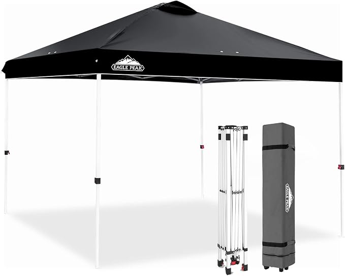 EAGLE PEAK Pop Up Canopy Tent with Wheeled Carry Bag, 8 Stakes, 4 Ropes, 4 Weight Bags, Easy Set Up Tent Canopy, 10x10 ft, 100sqft of Shade, Black