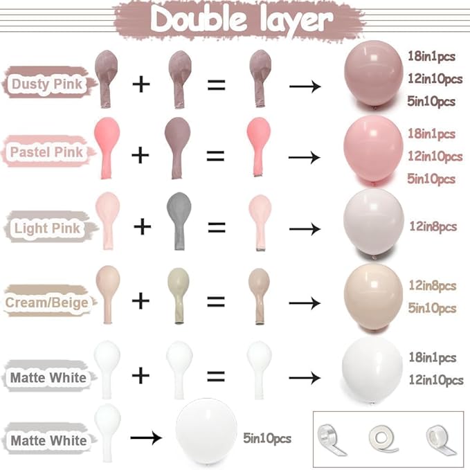Pastel Pink White Balloon Arch Double Stuffed Light Pink Beige Cream Balloon Garland Kit Boho Dusty Rose Blush Balloons for Baby Shower Bridal Birthday Valentine's Wedding Easter Princess Party Decor