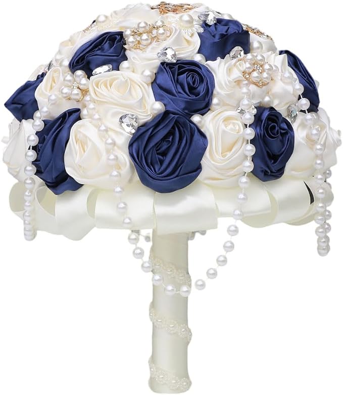 Bridal Wedding Bouquet with Rhinestone Brooch Pearl String Cascade Bouquet for Bride Bridesmaid Quinceanera Satin Rose Flower Bouquet Wedding Navy Blue and Ivory 6.3in