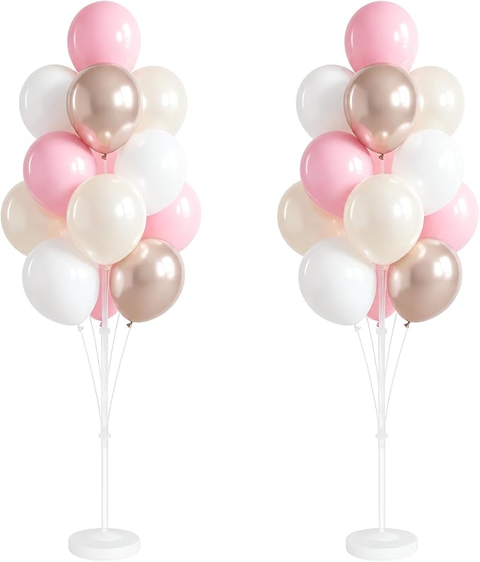 Balloon Column Kit Set of 2 – 26pc Champagne Pink Metallic Balloons with Height Adjustable 20"-63" Tower Stand, Stable Base for Birthday Wedding Easter Baby&Bridal Shower Party Decorations