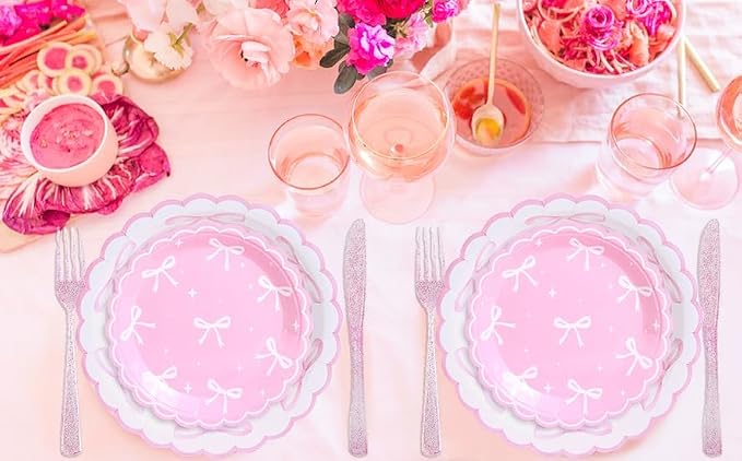 161PCs Pink Bow Party Supplies Pink Coquette Plates Napkins Cups Tablecloth Straws Forks Spoons Knives for Birthday Party Bachelorette Decor Bridal Engagement Coquette Party Supplies for 20 guests