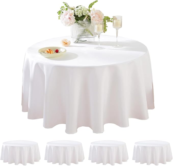 5 Pack Round Tablecloth 120 Inch White Tablecloth, Polyester Fabric Washable Table Cloth for Home, Party, Wedding or Restaurant Use.