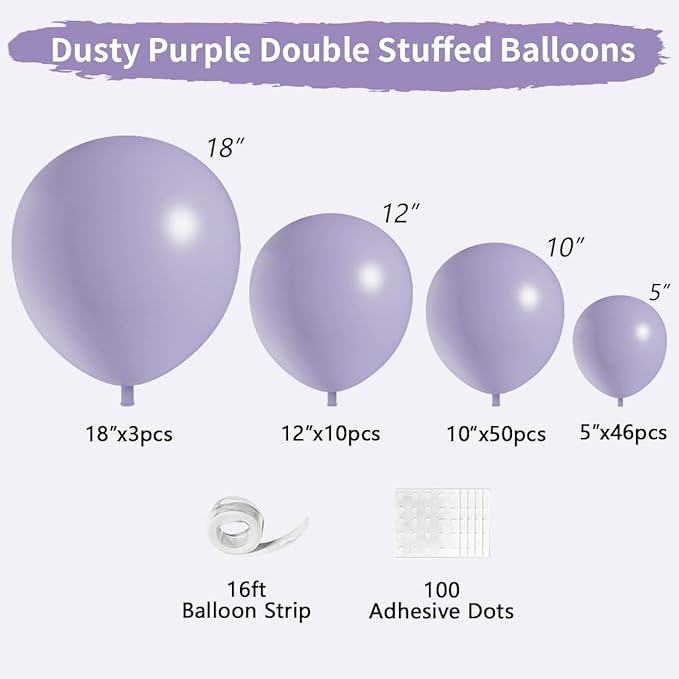Dusty Purple Double Stuffed Balloons Different Size 115Pcs 5/10/12/18" Light Purple Balloon Arch Garland kit for Birthday Baby Shower Bridal Shower Fairy Gender Reveal Party