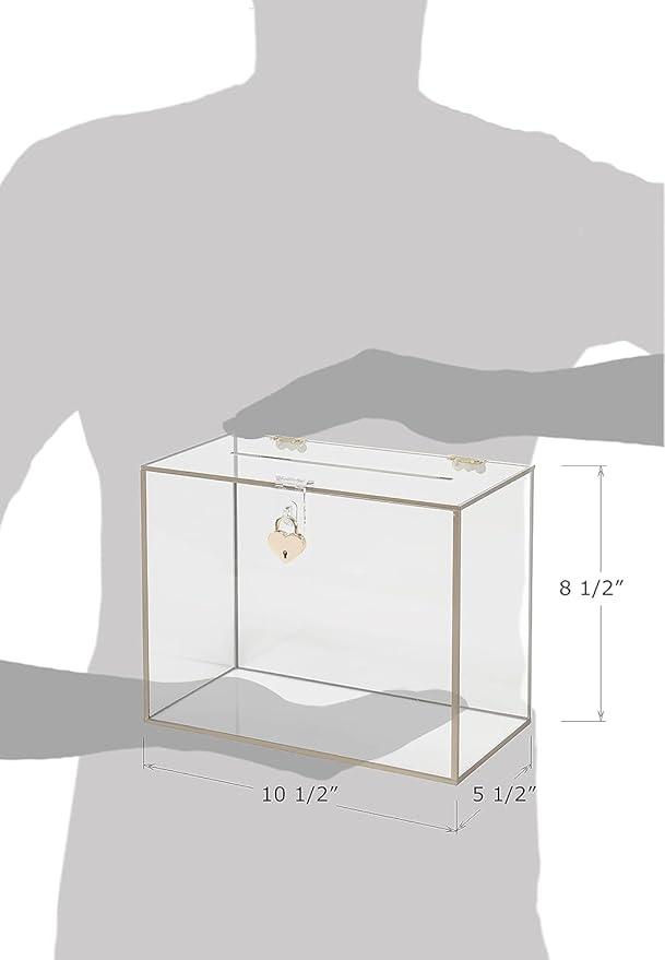 Red Co. 10.5” x 8.5” Clear Acrylic Wedding Card Box with Golden Frame and Heart Shaped Lock