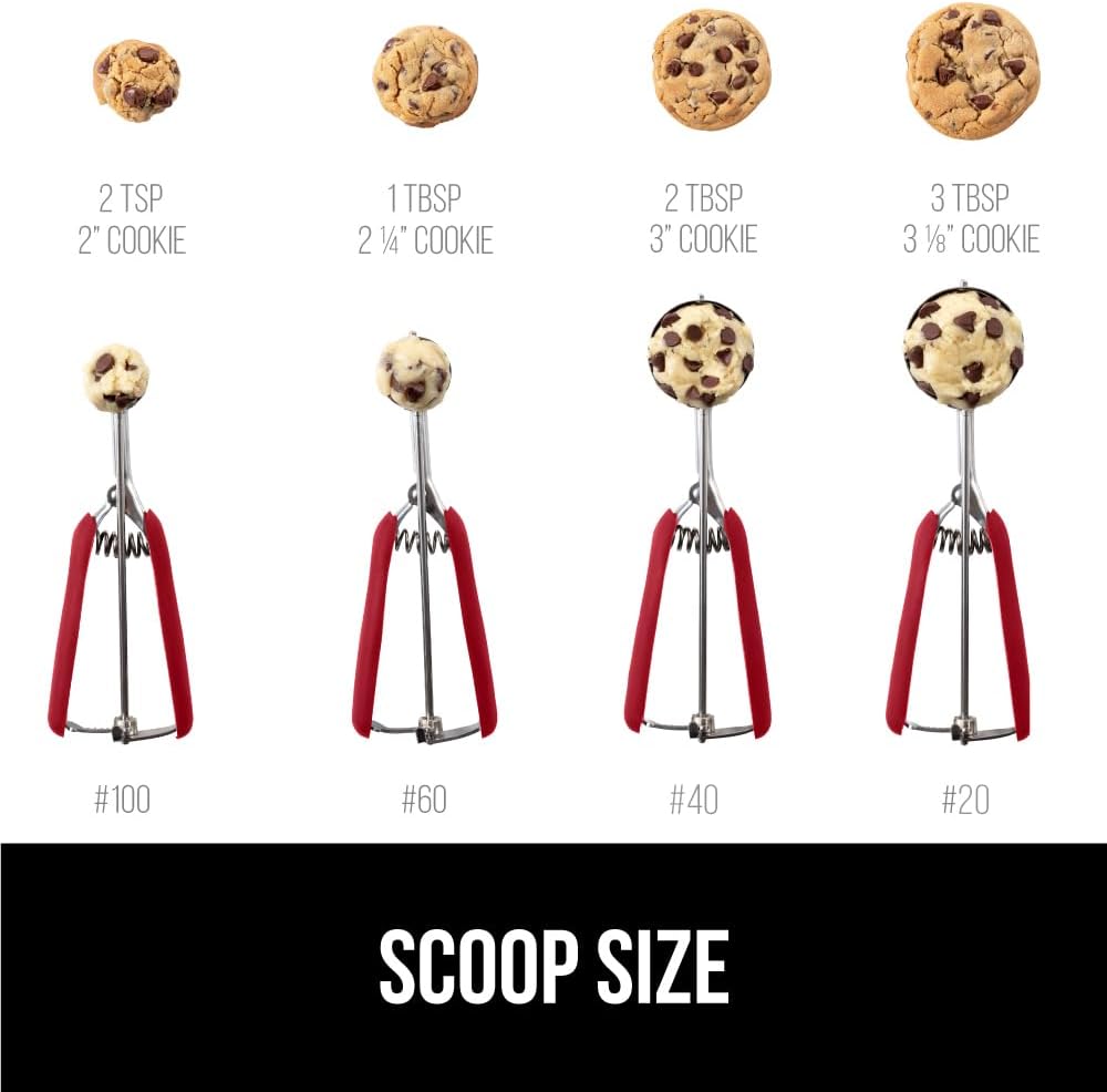 GORILLA GRIP Stainless Steel Cookie Scoop for Baking, 1 TBSP, Multipurpose Melon Baller, Meatball Spring Scoops, Perfect Portion Sizes, Easy Food Release, Scooper Size 60, BPA-Free Kitchen Tool, Red