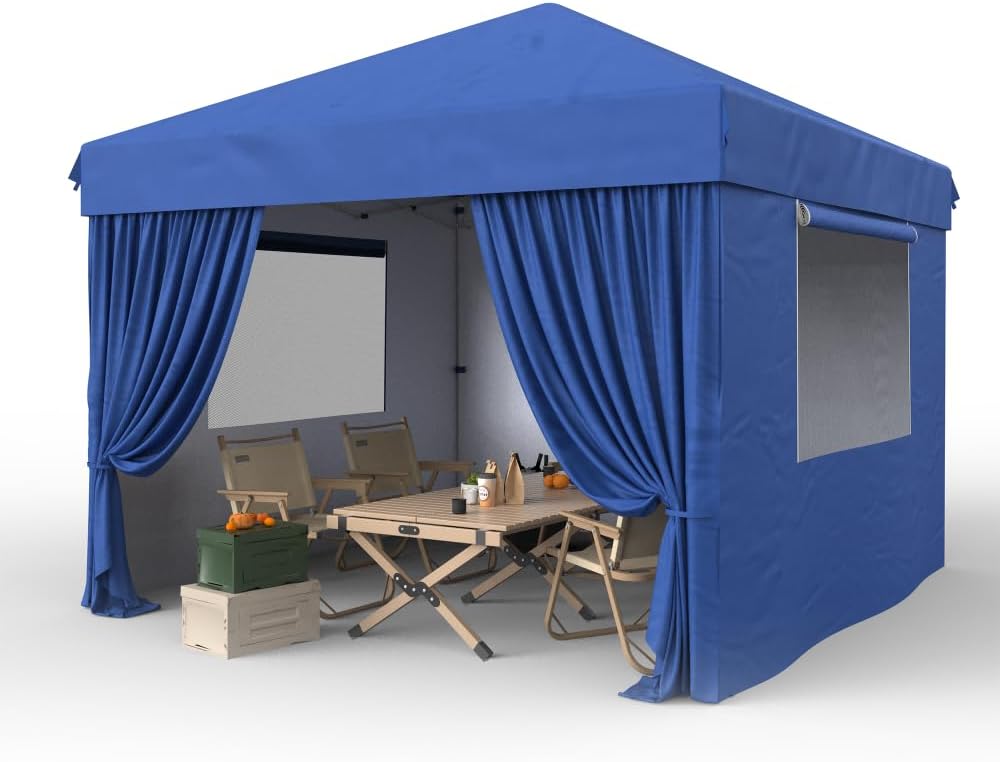 GarveeLife 10 ft x10 ft Pop Up Canopy Tent with 4Pcs Sidewalls, Portable Instant Commercial Canopy with 4 Stakes, 4 Ropes, 4 Sandbags for Farmers' Market, Patio, Outdoor, Camping, Blue