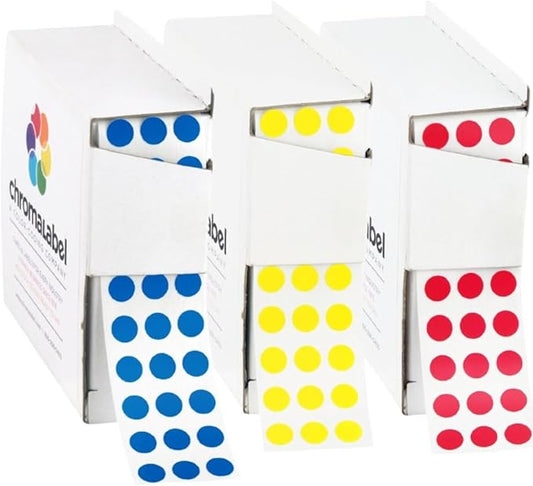 ChromaLabel 1/4 Inch Round Colored Stickers, Premium Sticky Dots for Color Coding, Small Dot Stickers for Arts and Crafts - 1000 Sticker Labels per Dispenser Box, Dark Blue, Red and Yellow