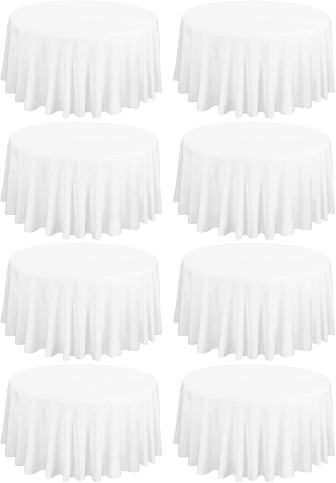 Fani 8 Pack 120 Inch Round White Polyester Tablecloth, Perfect for 8ft Round Table, Wrinkle & Stain Resistant