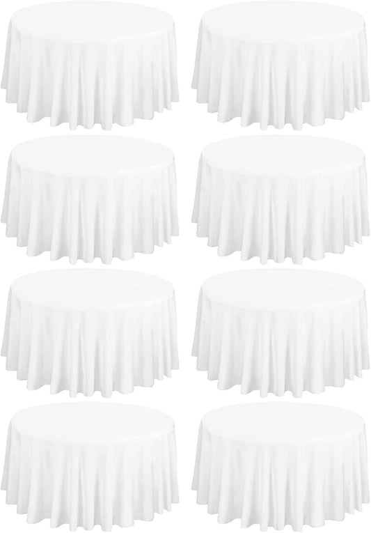 Fani 8 Pack 120 Inch Round White Polyester Tablecloth, Perfect for 8ft Round Table, Wrinkle & Stain Resistant