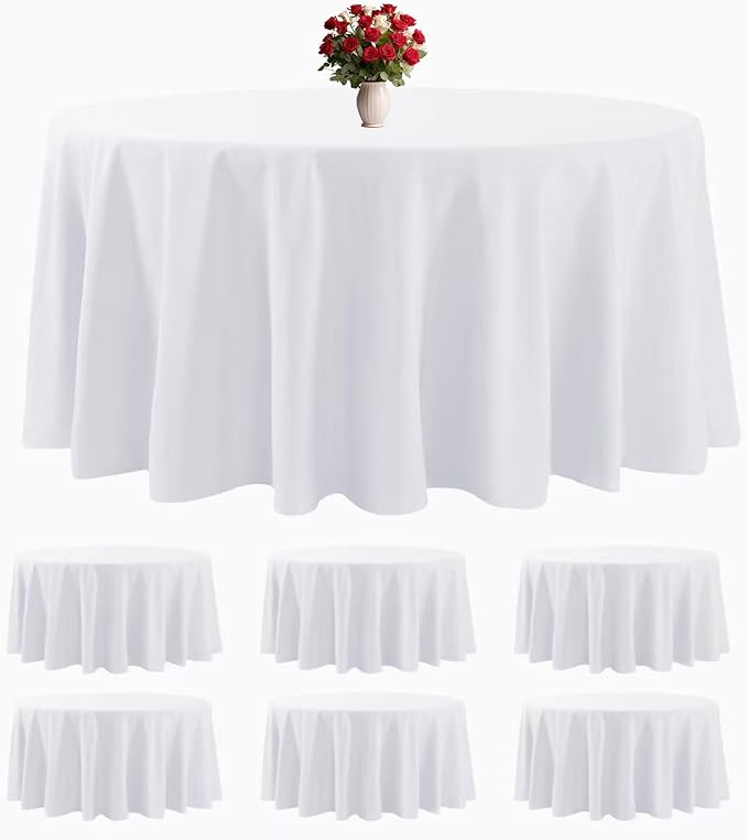 6 Pack White Round Tablecloths 120 Inches Table Cloth Stain and Wrinkle Resistant Washable Polyester Table Cover Fabric for Party, Wedding,Dining,and Banquet Decoration