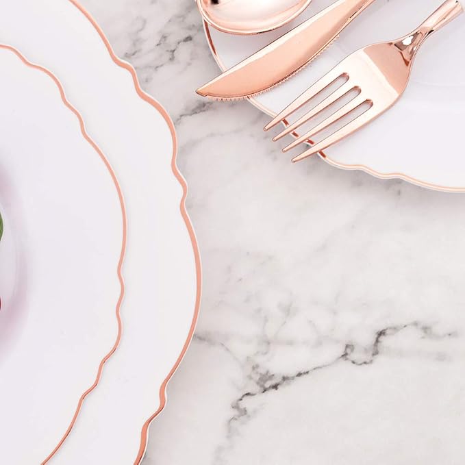 WDF 60pcs Rose Gold Plastic Plates-Baroque White &Rose Gold Disposable Plates including 30Plastic Dinner Plates 10.25inch, 30 Salad Plates 7.5inch for Wedding/Party/Birthday/Mother's Day