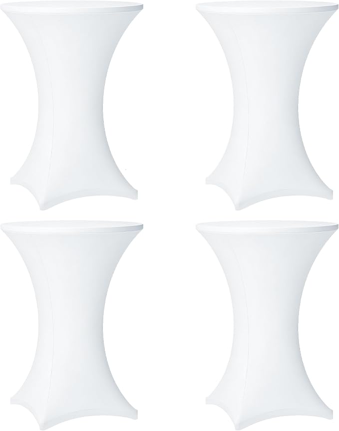 Cocktail Table Covers - 4 Pack 32x43 Inch Table Cloth - White Fitted Stretch Spandex Round High Top Tablecloth for Party, Bar, Birthday, Pub, Banquet